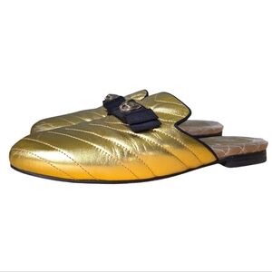 GUCCI Quilted Leather Metallic Gold Mules With Tiger Head And Bow 37.5
